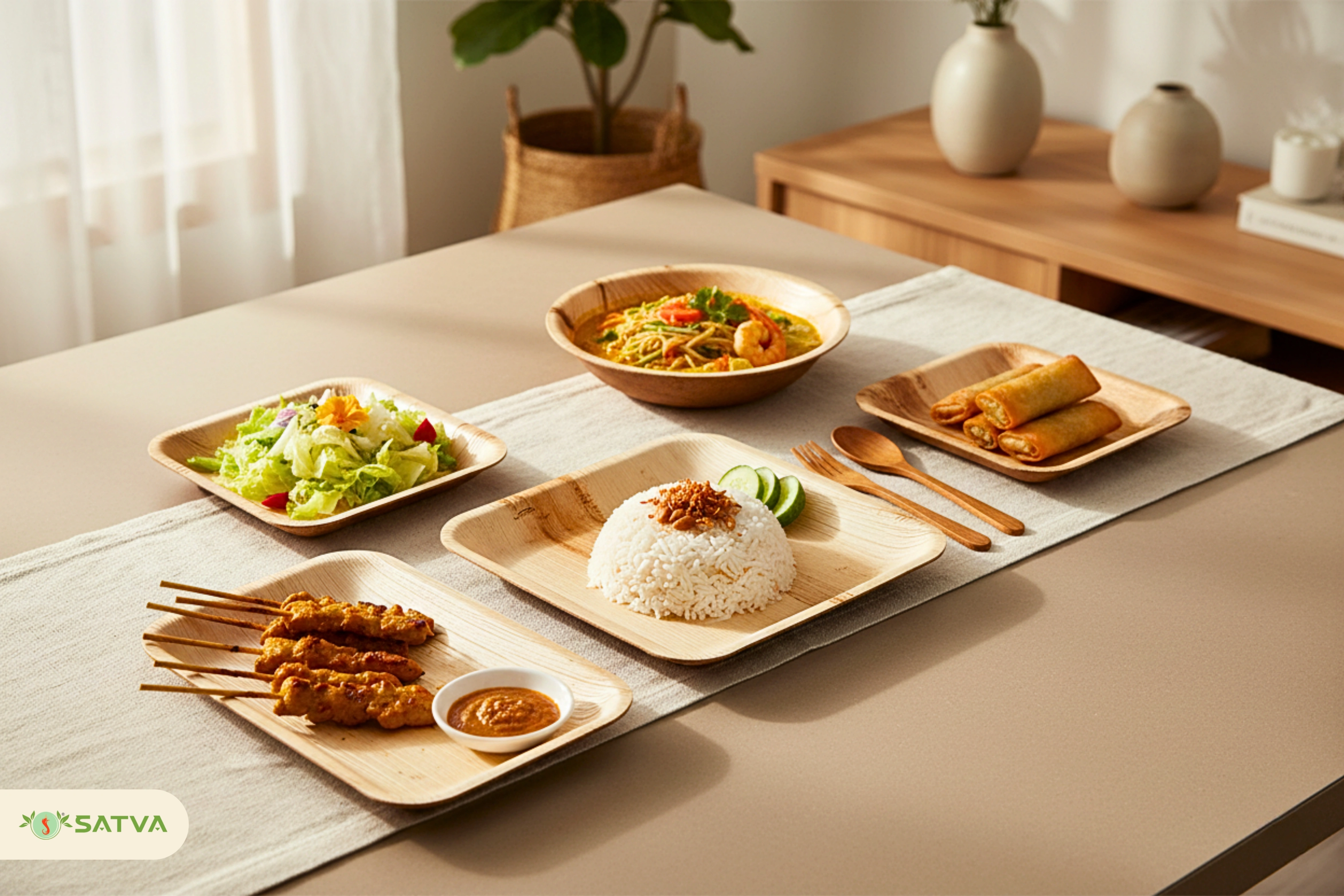 Premium home dining with natural areca leaf tableware