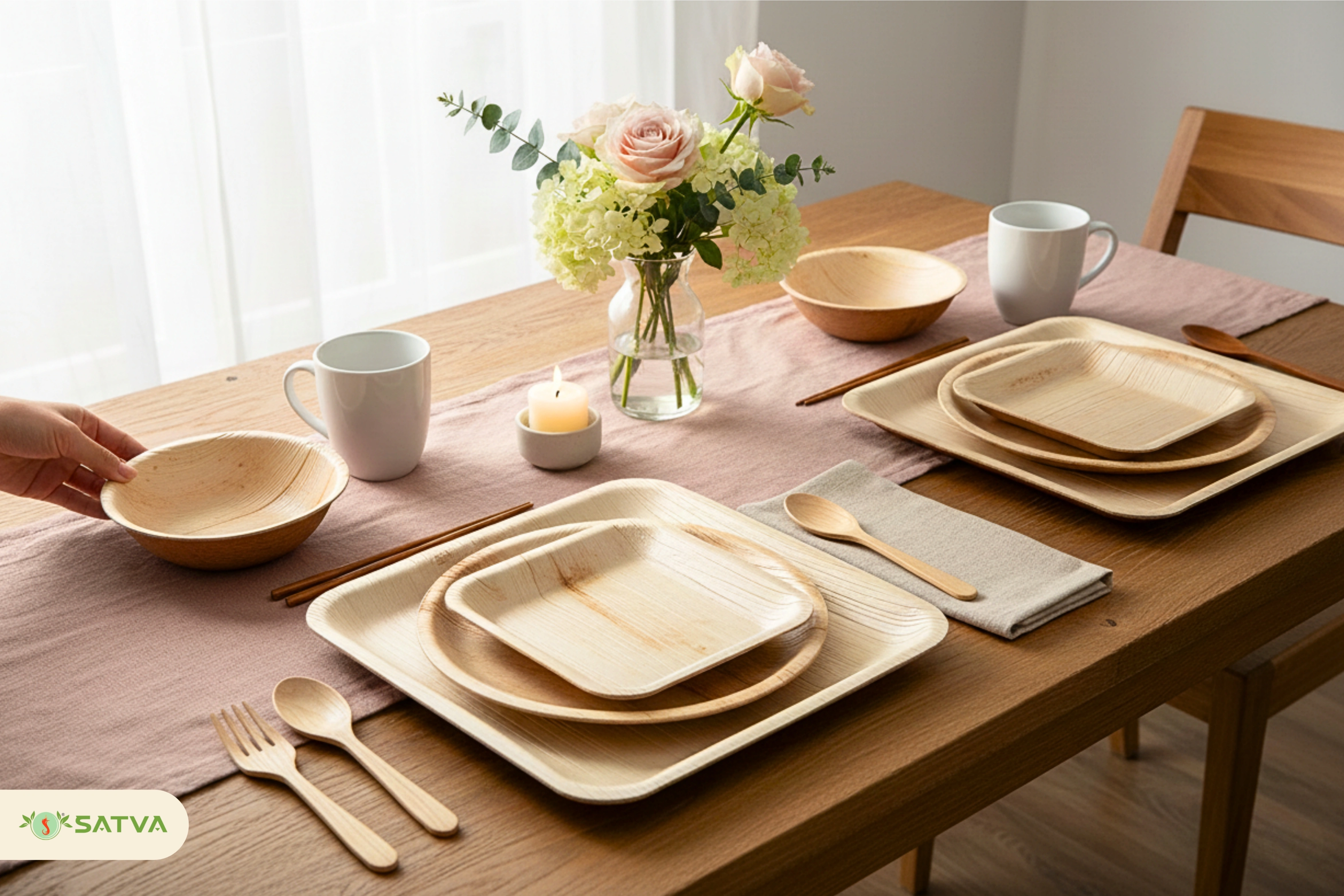 Complete natural tableware and wooden cutlery set for home dining