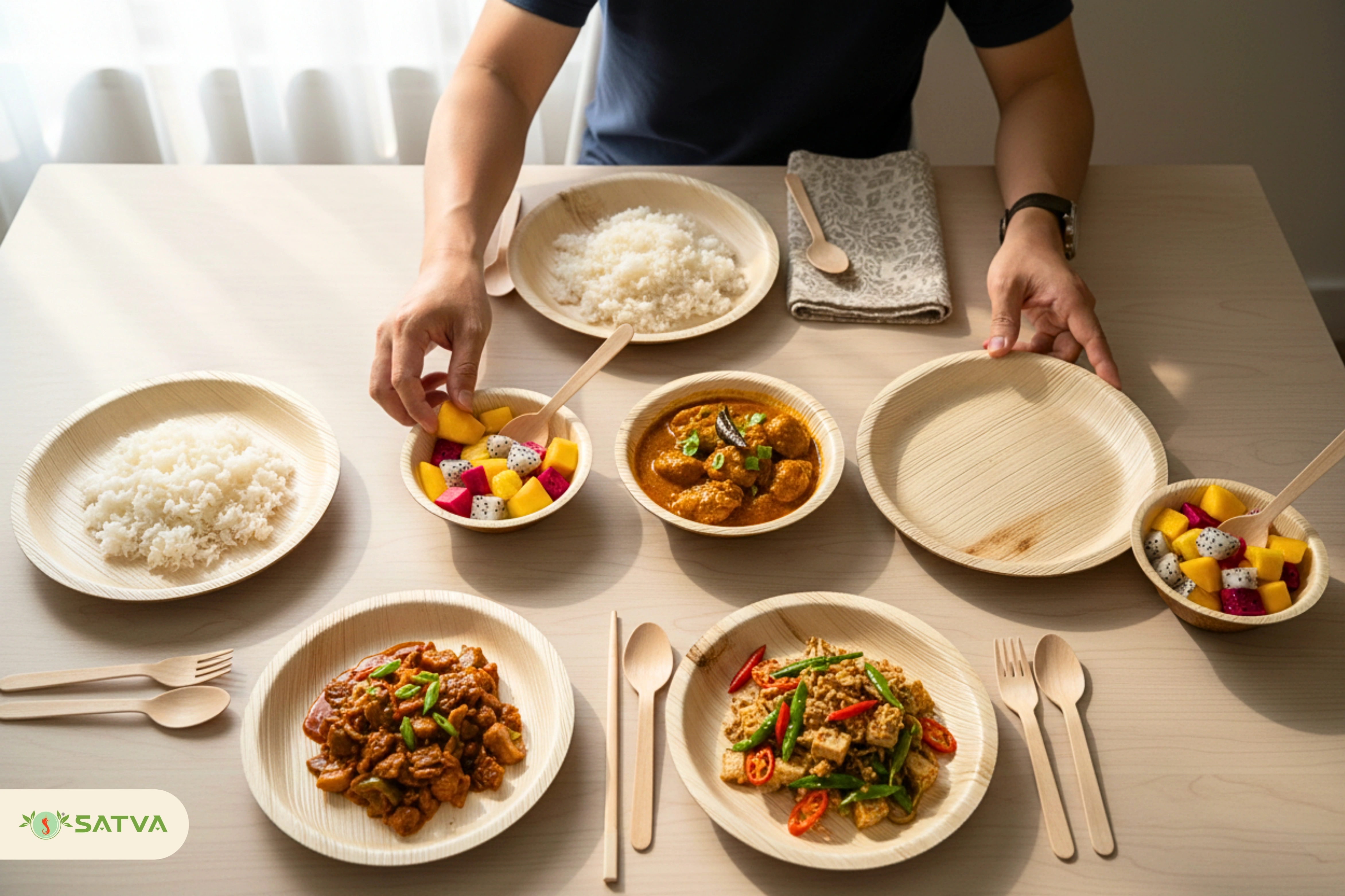 Elegant home table setting with areca leaf dinnerware