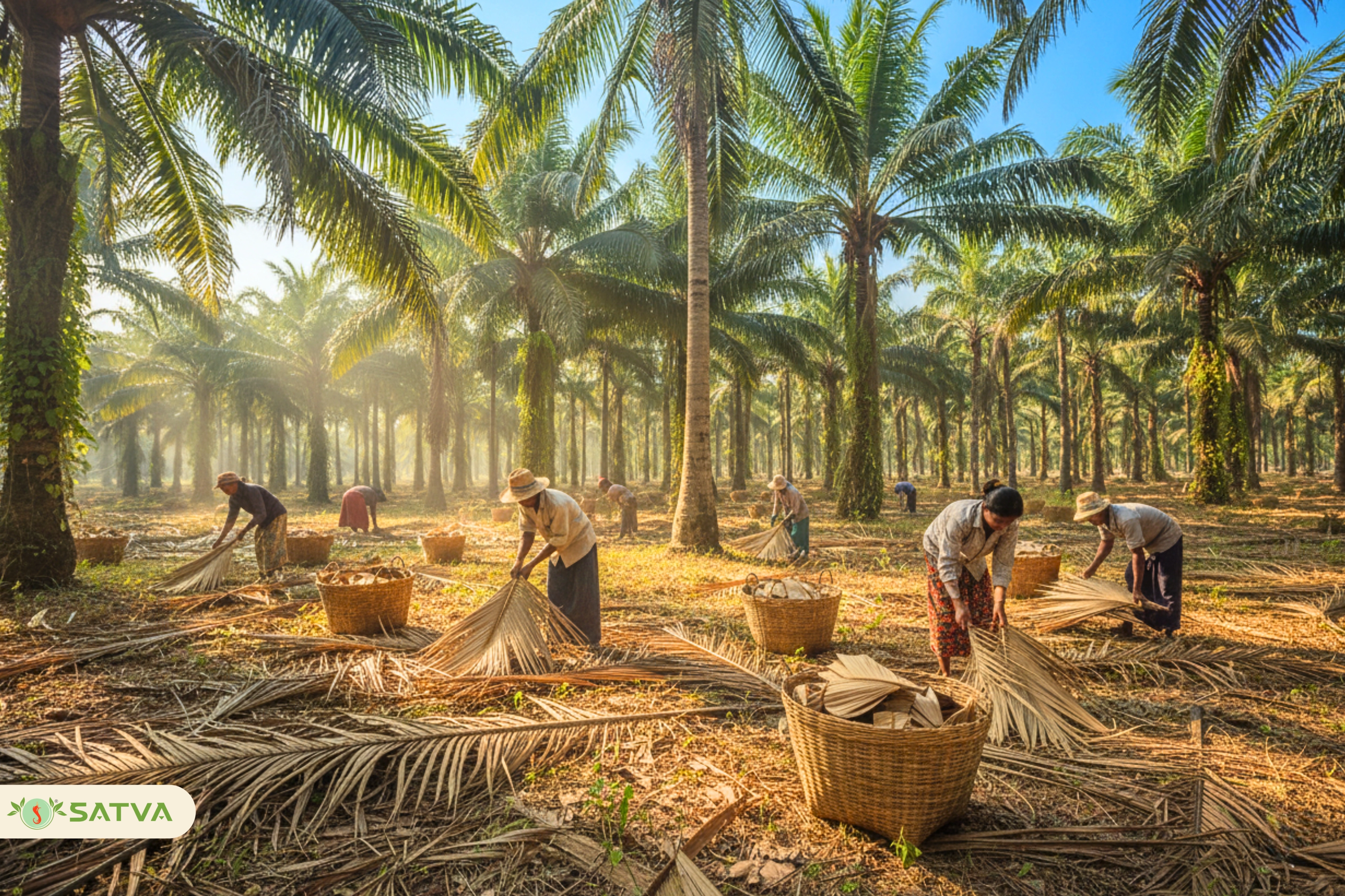 Naturally fallen areca palm leaves being collected