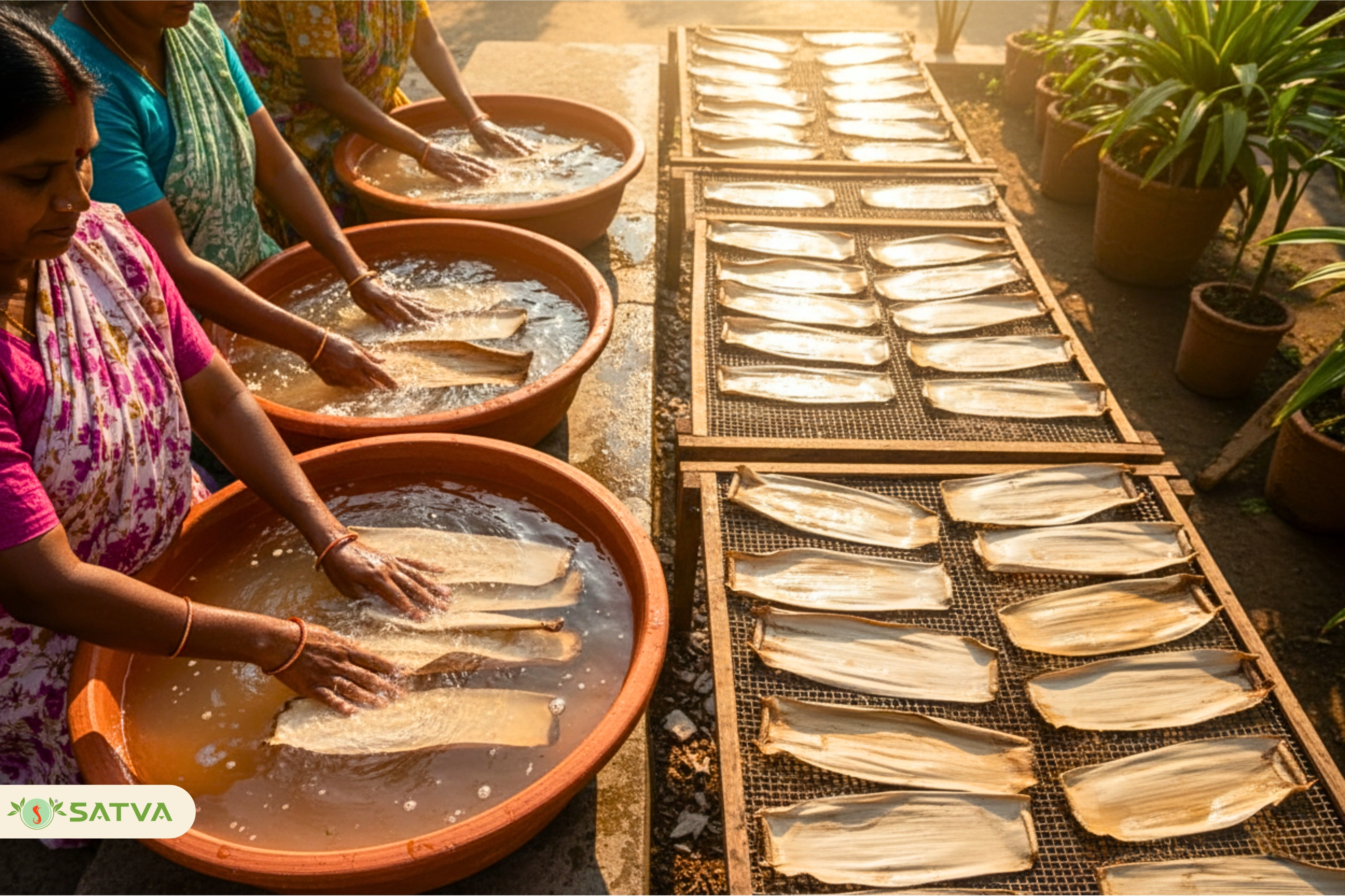 Areca leaves being cleaned and sun-dried