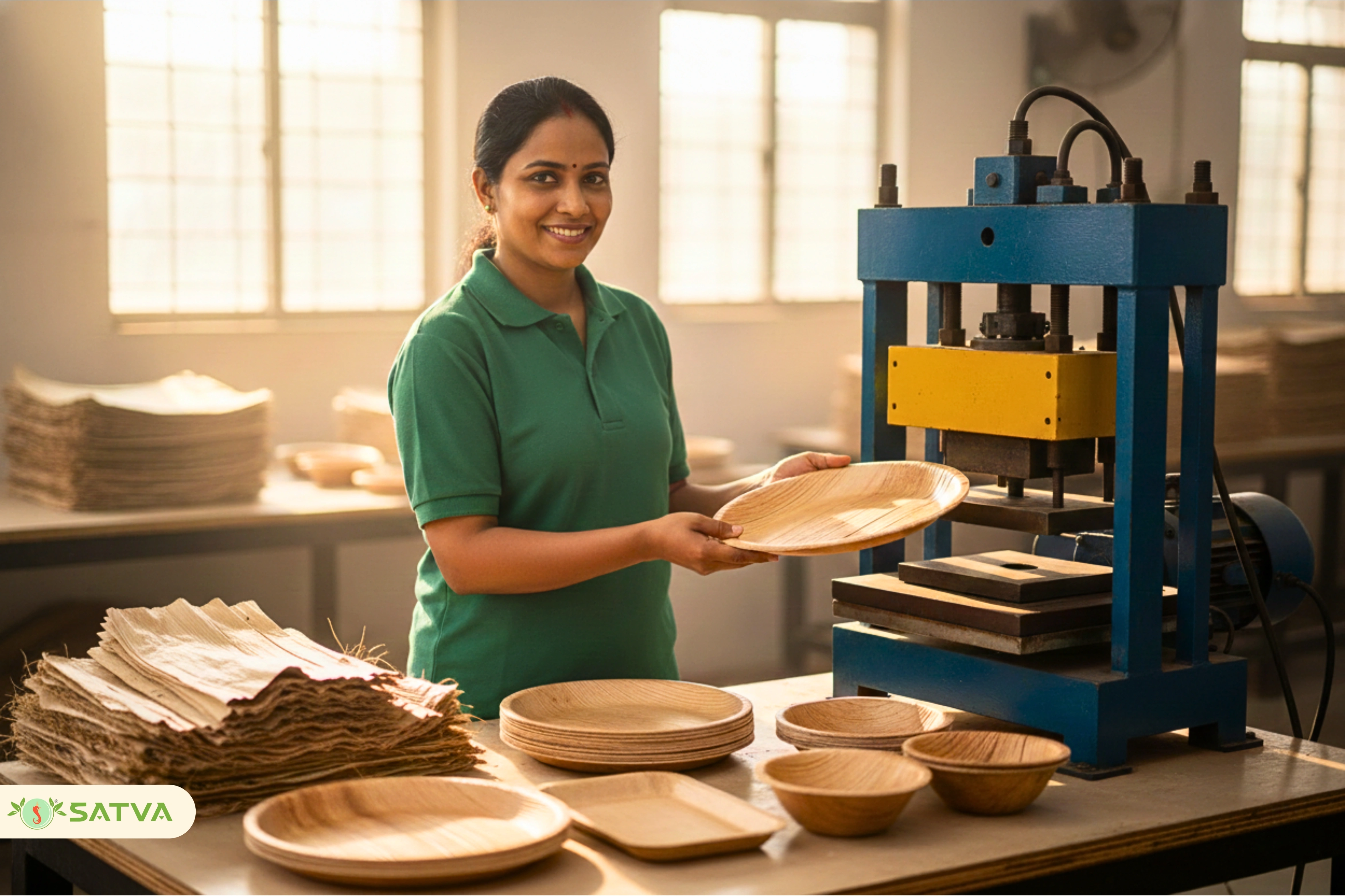 Heat press moulding process creating areca leaf tableware