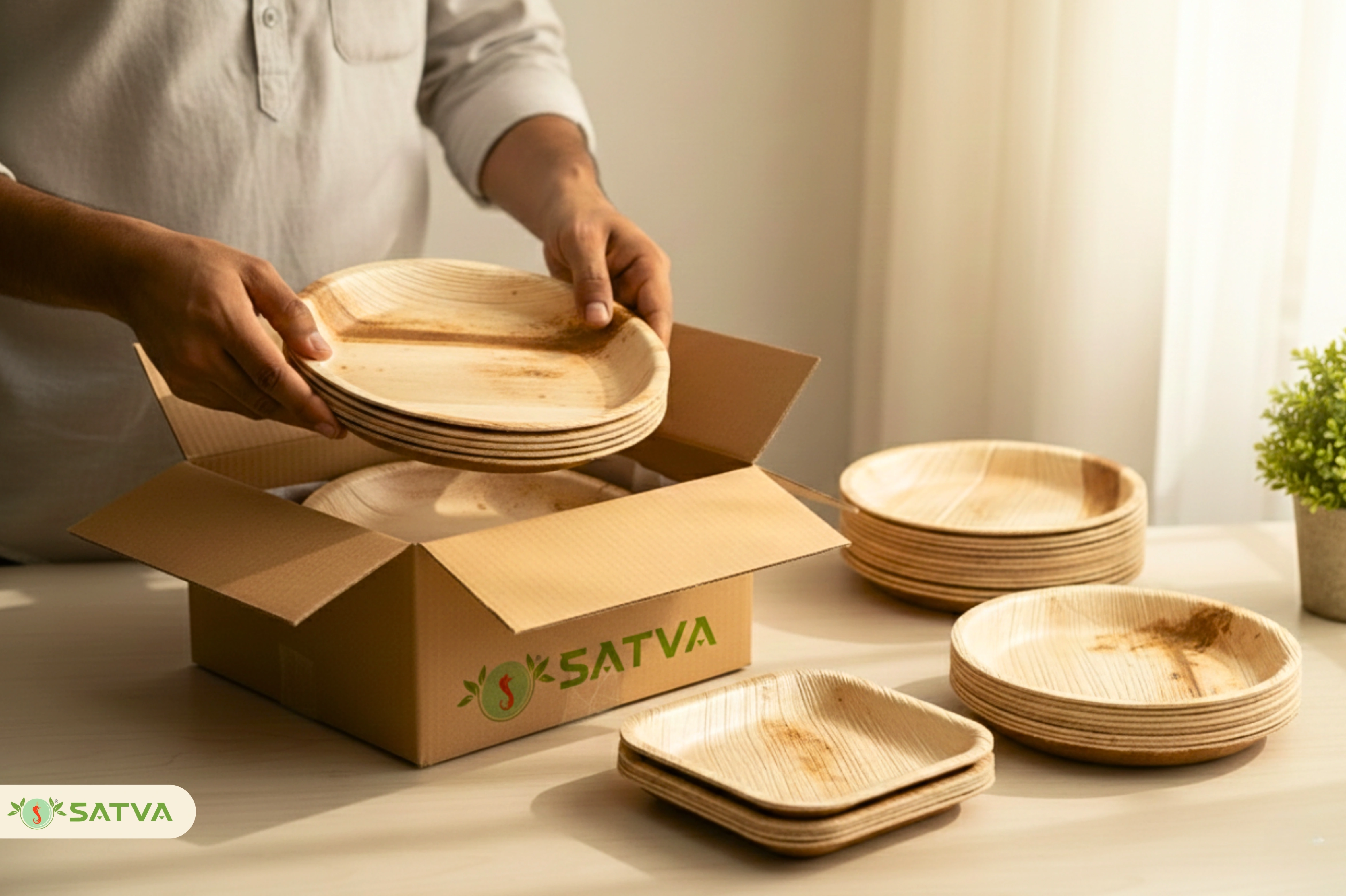 Premium Satva areca leaf tableware ready for use